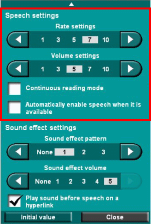 Speech settings(Speech) panel
