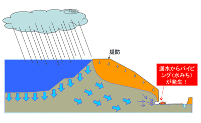 パイピング破壊1図 (堤防の下、地中に水がしみこんで堤内に出てきている図) ─ 漏水からパイピング(水みち)が発生