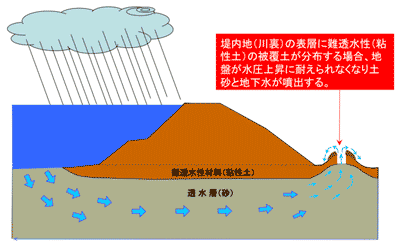 パイピング破壊2図 (堤防の下をくぐり、地中の透水層(砂)の中を水が通る図) ─ 堤内地（川裏）の表層に難透水性（粘性土）の被覆土が分布する場合、地盤が水圧上昇に耐えられなくなり土砂と地下水が噴出する