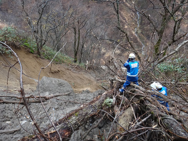 [写真]斜面の崩落状況の調査（長野県北部地震）