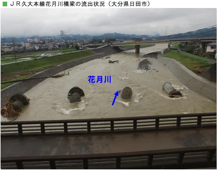 JR久大本線花月川橋梁の流出状況(大分県日田市)