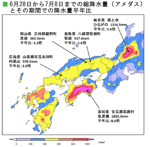 6月28日から7月8日までの総雨量（アメダス）とその期間での降水量平年比