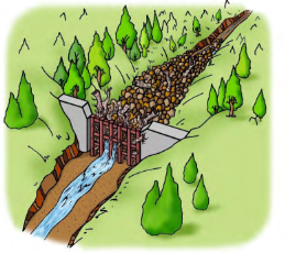 土砂が堰堤に引っかかり止まったイラスト