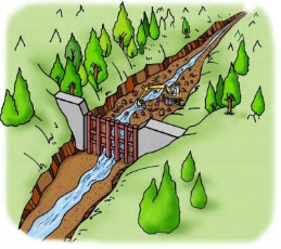 次の土石流に備えて岩、土砂や流木を取り除いたイラスト
