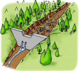 次の土石流に備えて岩、土砂や流木を取り除いたイラスト