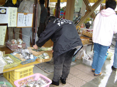 朝市:里芋、みかん、だいこんなど、野沢菜・白菜、地元特産品