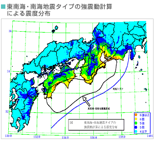 東南海・南海地震タイプの強震動計算による震度分布