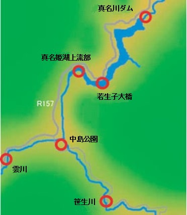 真名川ダム周辺調査地点地図