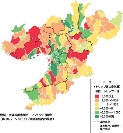 図28、到着地別にみた出勤トリップ数の変化量（集中量、平成2年～平成12年）