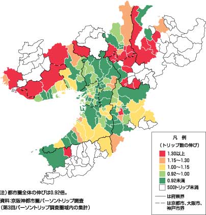 図30、出発地別にみた大阪市への出勤トリップ数の伸び(発生量、平成2年~平成12年)